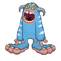 a blue monster with horns and big teeth is screaming