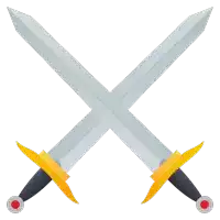 two crossed swords with yellow handles and red dots on them