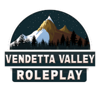 a logo for vendetta valley roleplay with a mountain and trees in the background