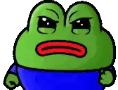 a green frog with a red mouth and a blue shirt is making a funny face .