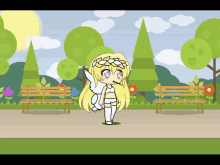 a cartoon girl with blonde hair and a flower crown on her head is standing in a park