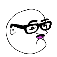 a cartoon face with glasses and a purple mouth