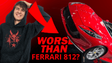 a man in a black hoodie stands next to a red car with the words worse than ferrari 812