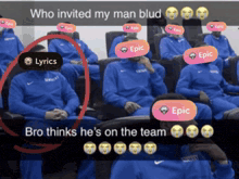 a group of men are sitting in a stadium with epic stickers on their heads