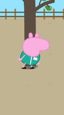 a cartoon of peppa pig standing next to a tree in a field