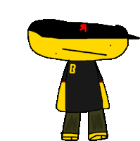 a yellow cartoon character wearing a black shirt with a letter b on it