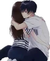 a drawing of a boy hugging a girl with a white shirt that says ' aoyama ' on it