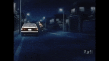 a car is driving down a street at night with the name rafi on the bottom right corner