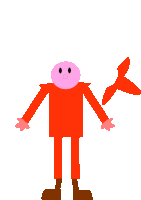 a red cartoon character with a pink face and brown legs