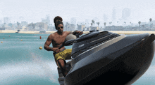 a shirtless man is riding a jet ski that says hybrid on the side