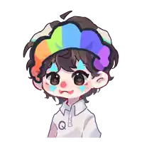 a drawing of a clown wearing a rainbow hat and a shirt with the letter q on it