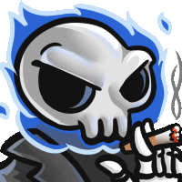 a cartoon skeleton is smoking a cigarette and has a blue flame around his head