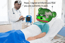 a doctor is talking to a patient in a hospital bed who has a pepe bear on his head