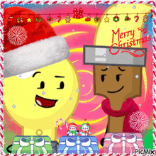 a picture of two cartoon characters with the words merry christmas on the bottom