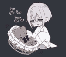 a girl is holding a teddy bear in a basket