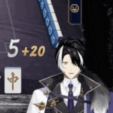a man in a suit and tie is standing in front of a board with the number 5 + 20 written on it