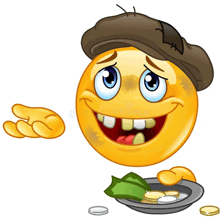 a cartoon smiley face wearing a hat and holding a plate of money and coins