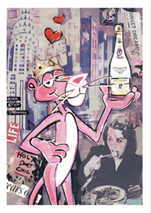 a pink panther holding a bottle of champagne in front of a woman