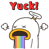 a cartoon of a duck with a rainbow coming out of its mouth and the words yuck