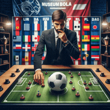 a man in a suit is playing a soccer game in front of a sign that says museum bola