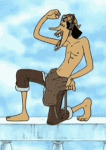 a cartoon character with a long nose is kneeling on a ledge .