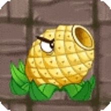 a cartoon pineapple with a hole in it is sitting on a green leaf in front of a brick wall .