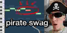 a man wearing a pirate hat and sunglasses is standing next to a computer screen with the words `` pirate swag '' .