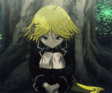 a girl with yellow hair is kneeling down in front of a tree