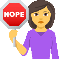 a woman in a purple shirt holds up a stop sign that says nope