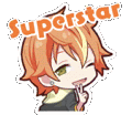 a sticker of a boy with red hair and the word superstar .