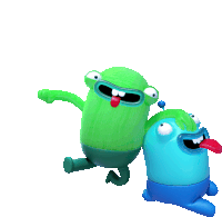 a green and blue cartoon character with their tongues sticking out