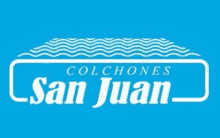 a blue logo for colchones san juan with waves on it