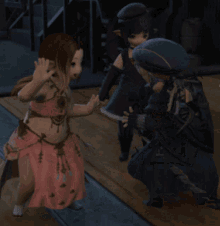 a girl in a pink dress is talking to a man in a black hat in a video game