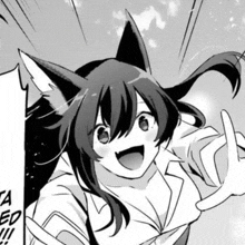 a black and white drawing of a girl with fox ears and a smile on her face .