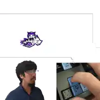 a man with glasses and a beard is next to a drawing of a cat and a person pressing a key