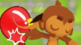 a cartoon monkey is standing next to a red balloon with an exclamation mark on it .