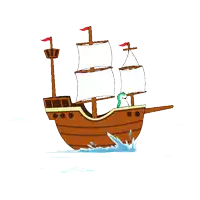 a cartoon illustration of a pirate ship with a green penguin on the deck