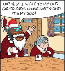 a cartoon of a man dressed as santa claus talking to an elderly woman