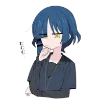 a drawing of a girl with blue hair and yellow eyes with chinese writing behind her