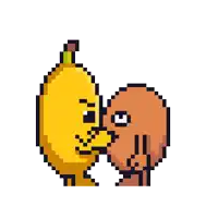 a pixel art drawing of a banana and an orange kissing