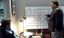 two men are standing in front of a whiteboard that says win