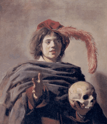 a painting of a man holding a skull and wearing a red feathered hat