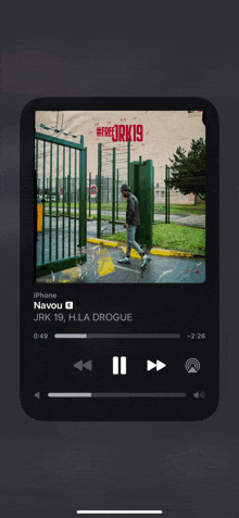 a phone screen playing a song called jrk 19 h.la drogue