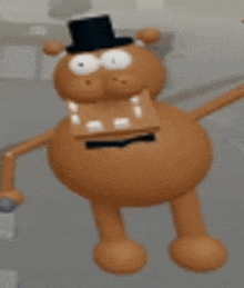 a brown teddy bear with a top hat on is standing on a concrete floor .