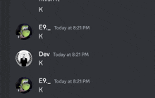 a screenshot of a conversation between dev and e9 at 8:21 pm