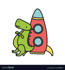 a dinosaur is sitting next to a rocket .