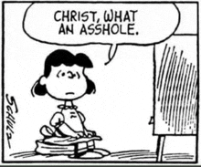 a black and white cartoon of a girl sitting on a pile of books saying christ what an asshole .