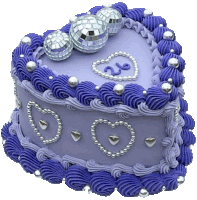 a purple heart shaped cake with hearts and disco balls on top