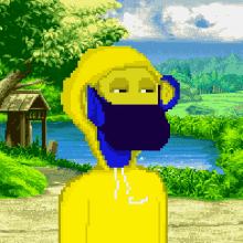 a pixel art drawing of a person wearing a blue mask