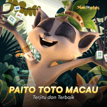 an advertisement for paito toto macau shows a smiling cartoon character